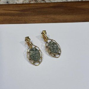 Small Gold Tone / Green Clip On Earrings Dangle Drop